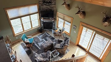 Télévision, cheminée, lecteur de DVD, livres