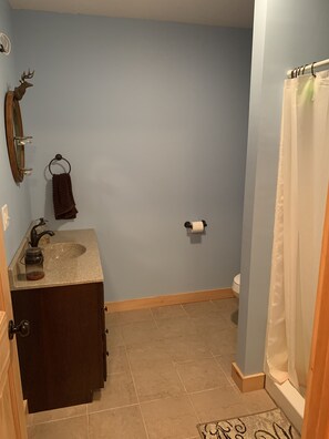 Combined shower/bathtub, towels, soap, shampoo