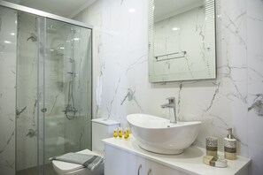 Regadera, secadora de cabello, toallas, jabón 