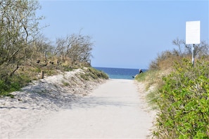 Ein sandiger Pfad führt zum Strand, rechts steht ein Wegweiser.
