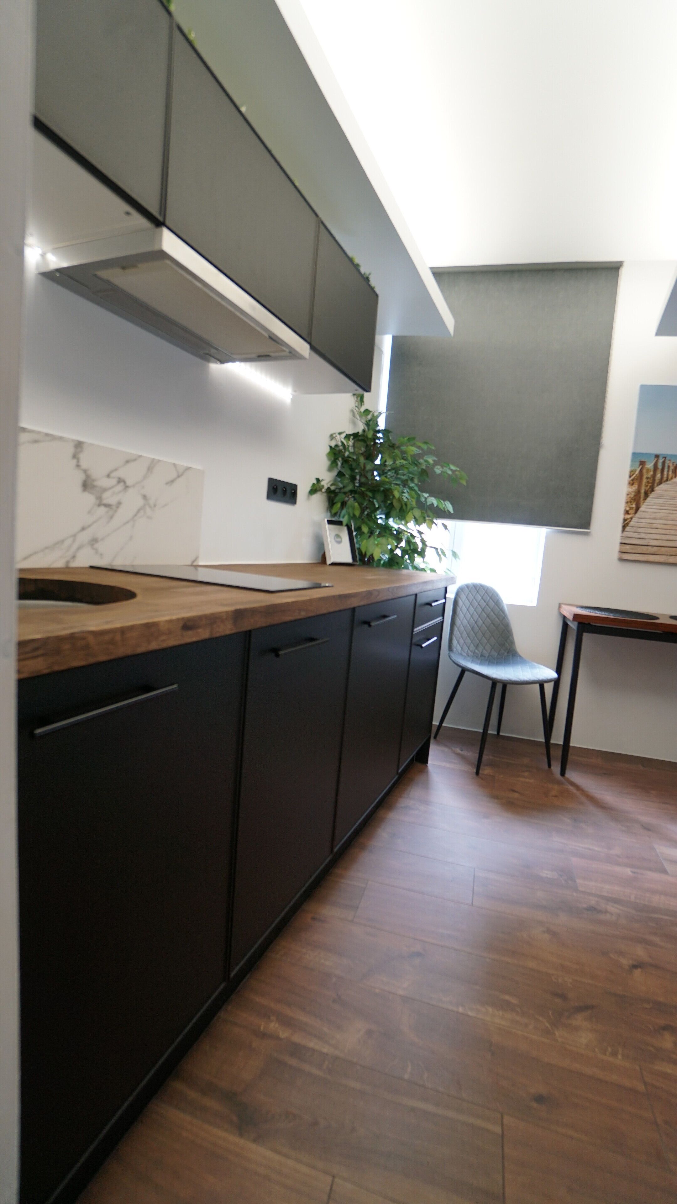 Une cuisine moderne avec des meubles de couleur sombre, un plan de travail en bois, une cuisinière encastrée et une plante en pot.