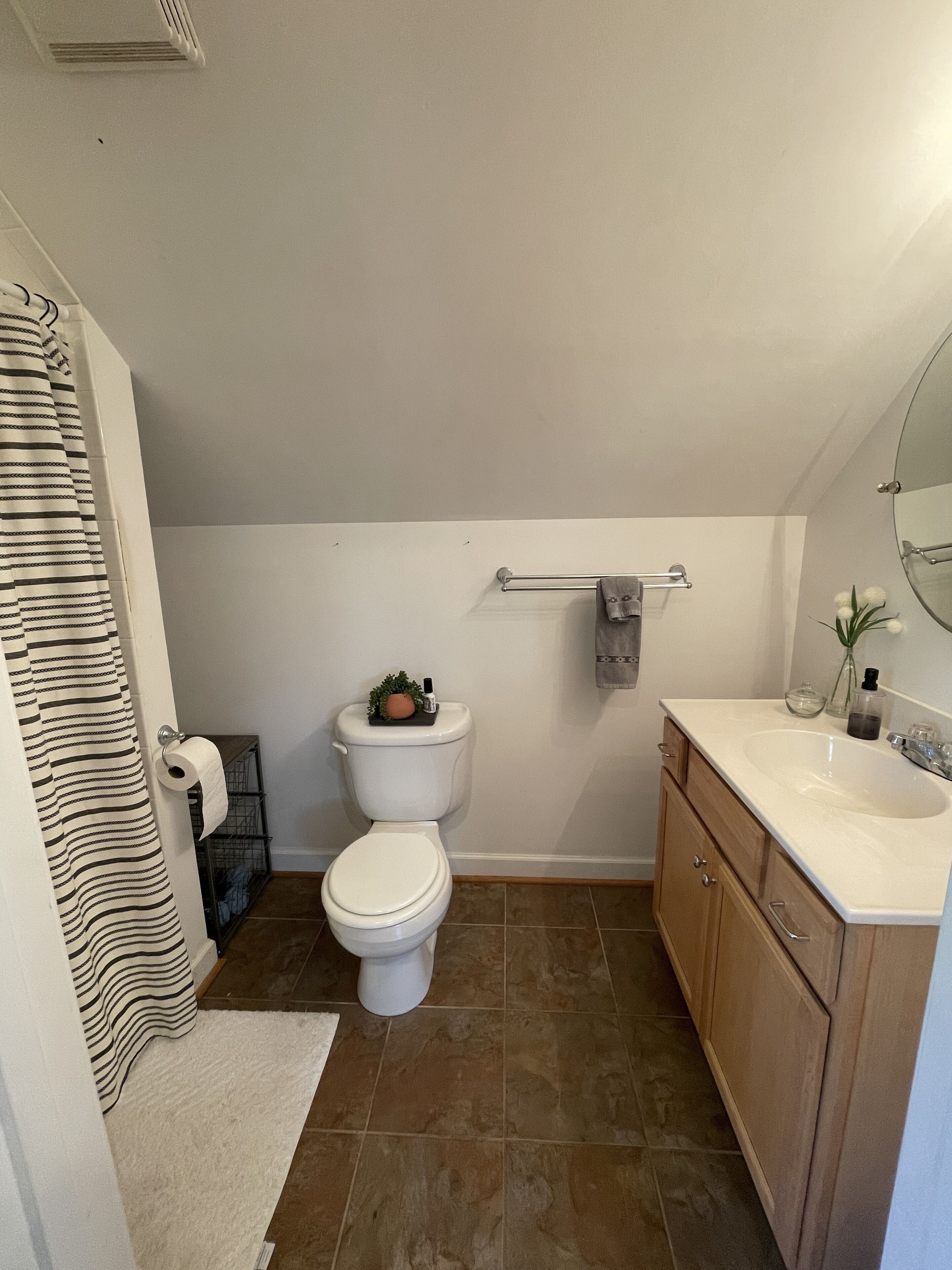 A bathroom with a toilet, a sink, and a shower curtain.