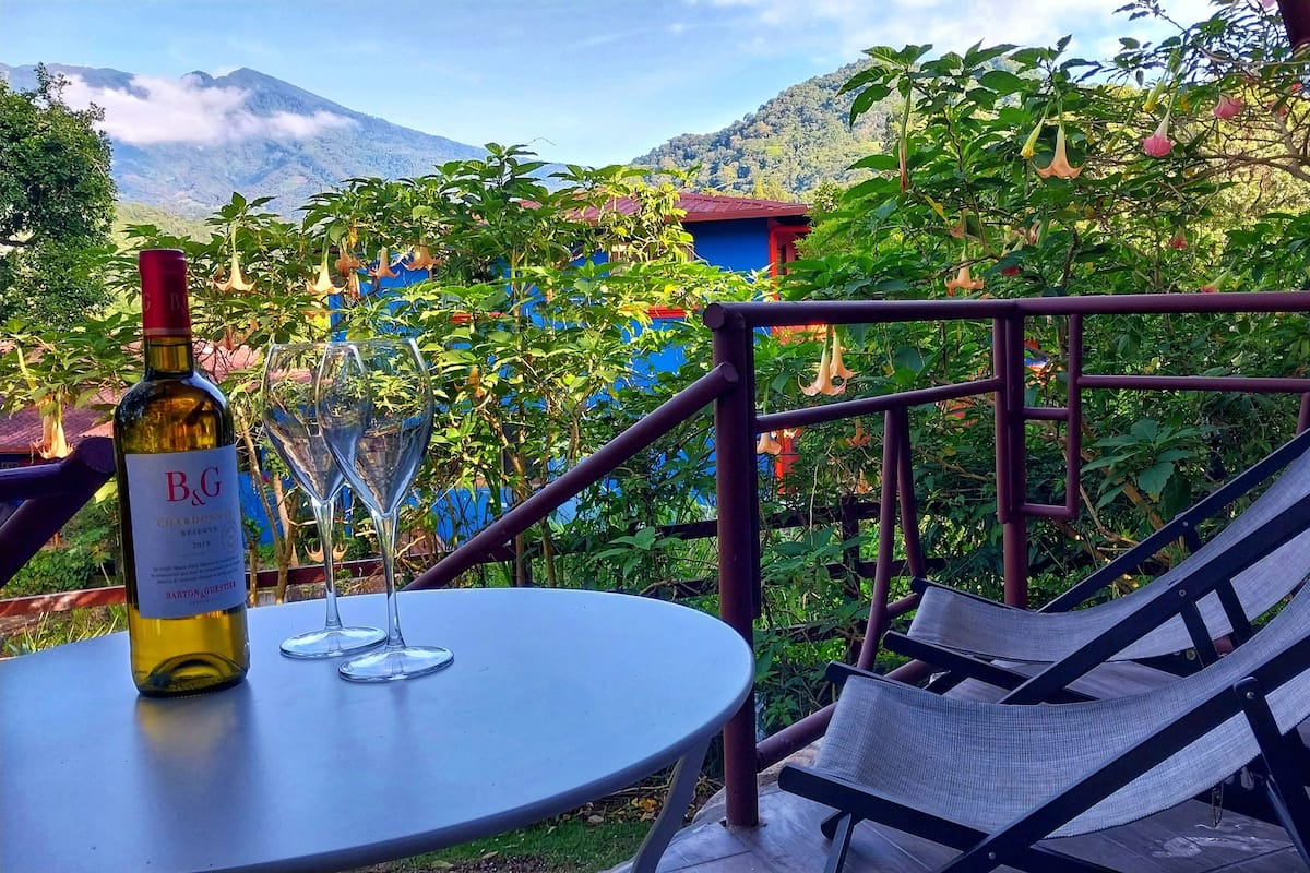 A table with a bottle of B&G Chardonnay and two glasses, a cushioned chair, and a view of a mountain and greenery.