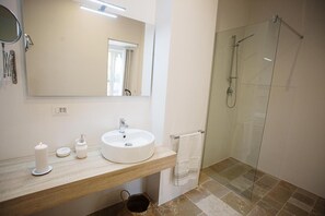 Combined shower/tub, hair dryer, bidet, towels