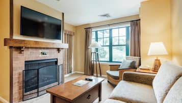 Smart TV, fireplace, foosball