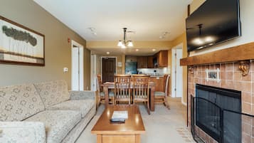 Smart TV, fireplace, foosball