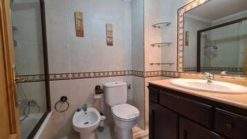 Een bad/douchecombinatie, een haardroger, een bidet, handdoeken