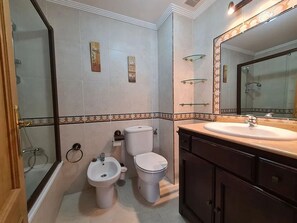 Combined shower/tub, hair dryer, bidet, towels