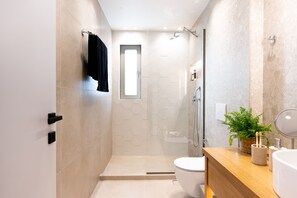 Regadera, secadora de cabello, bidet, toallas