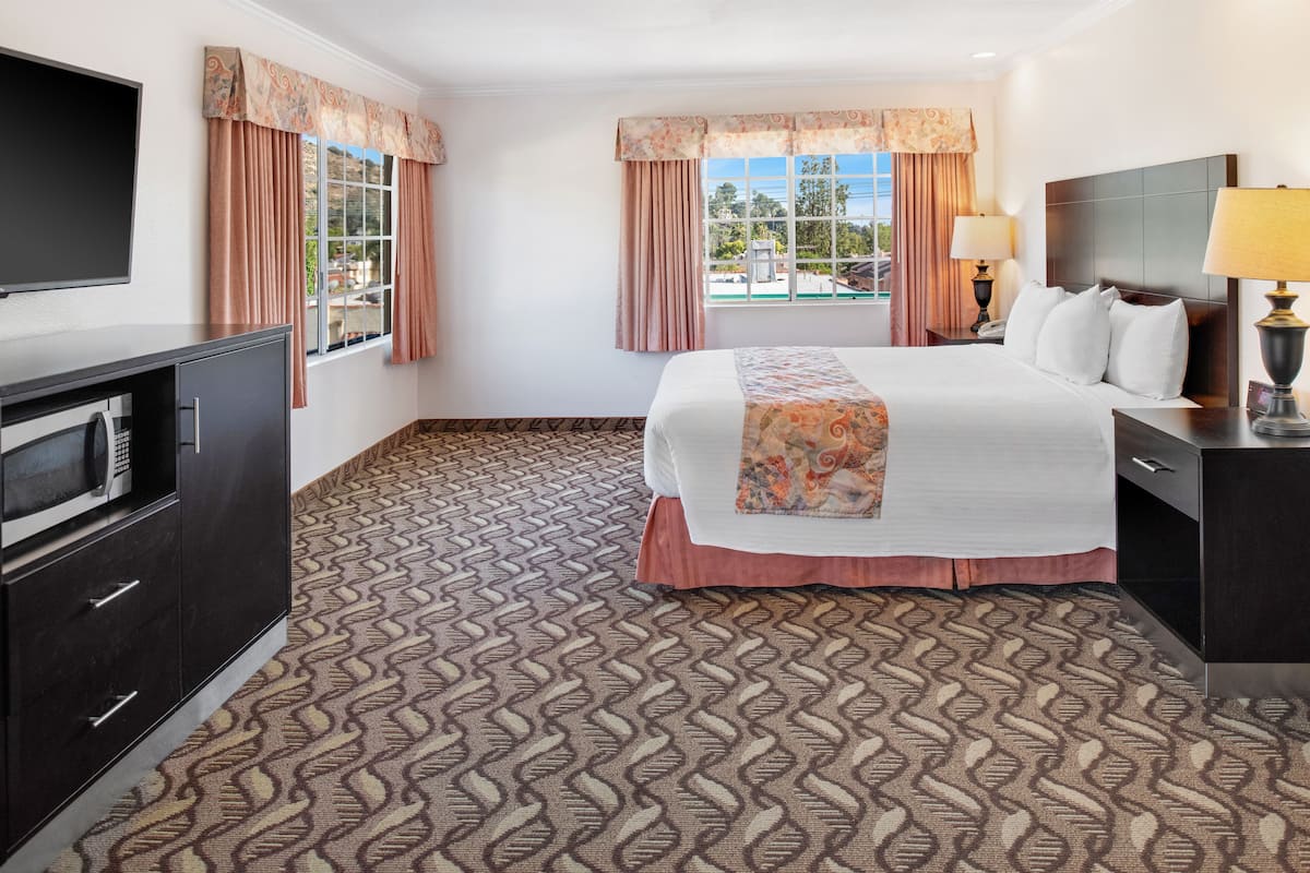 A hotel room with a bed, a TV, a desk, and a window with curtains.