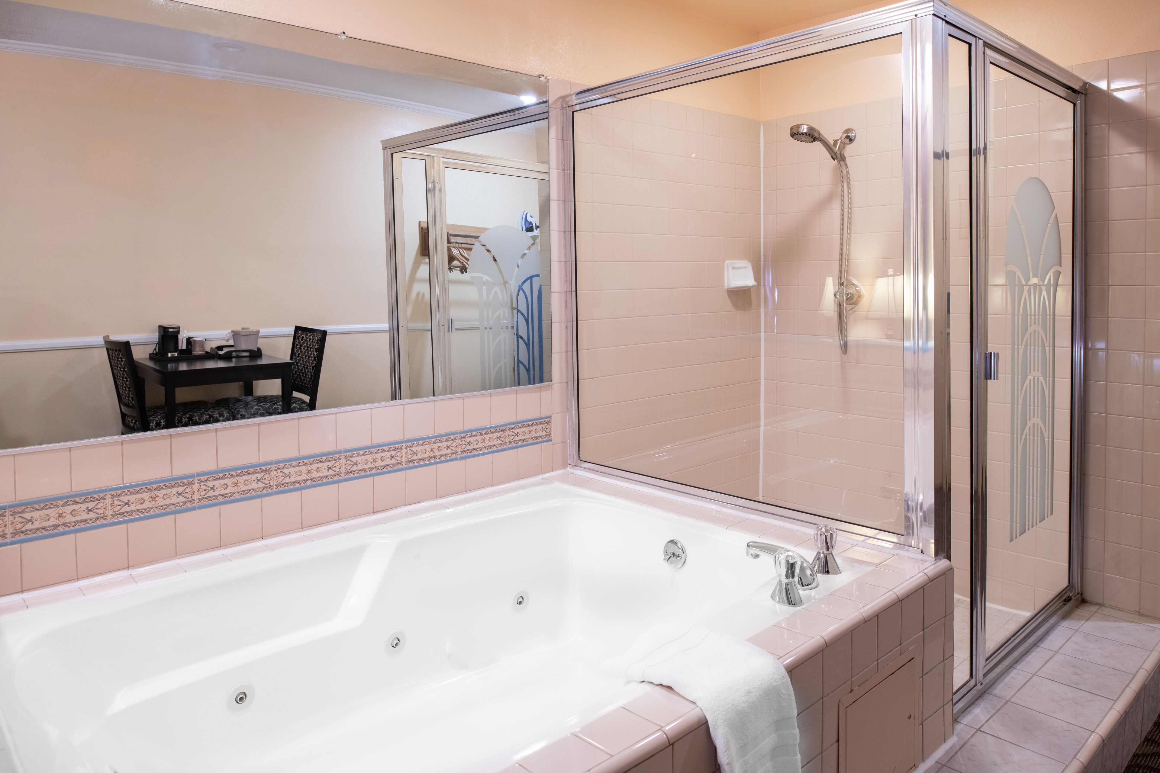 romantic room, 1 queen bed | bathroom | separate bathtub and shower, towels, soap, shampoo