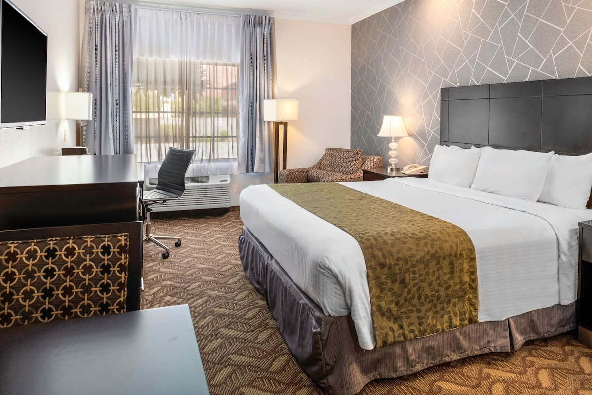 A hotel room with a large bed, a desk, a chair, a TV, and a window with curtains.