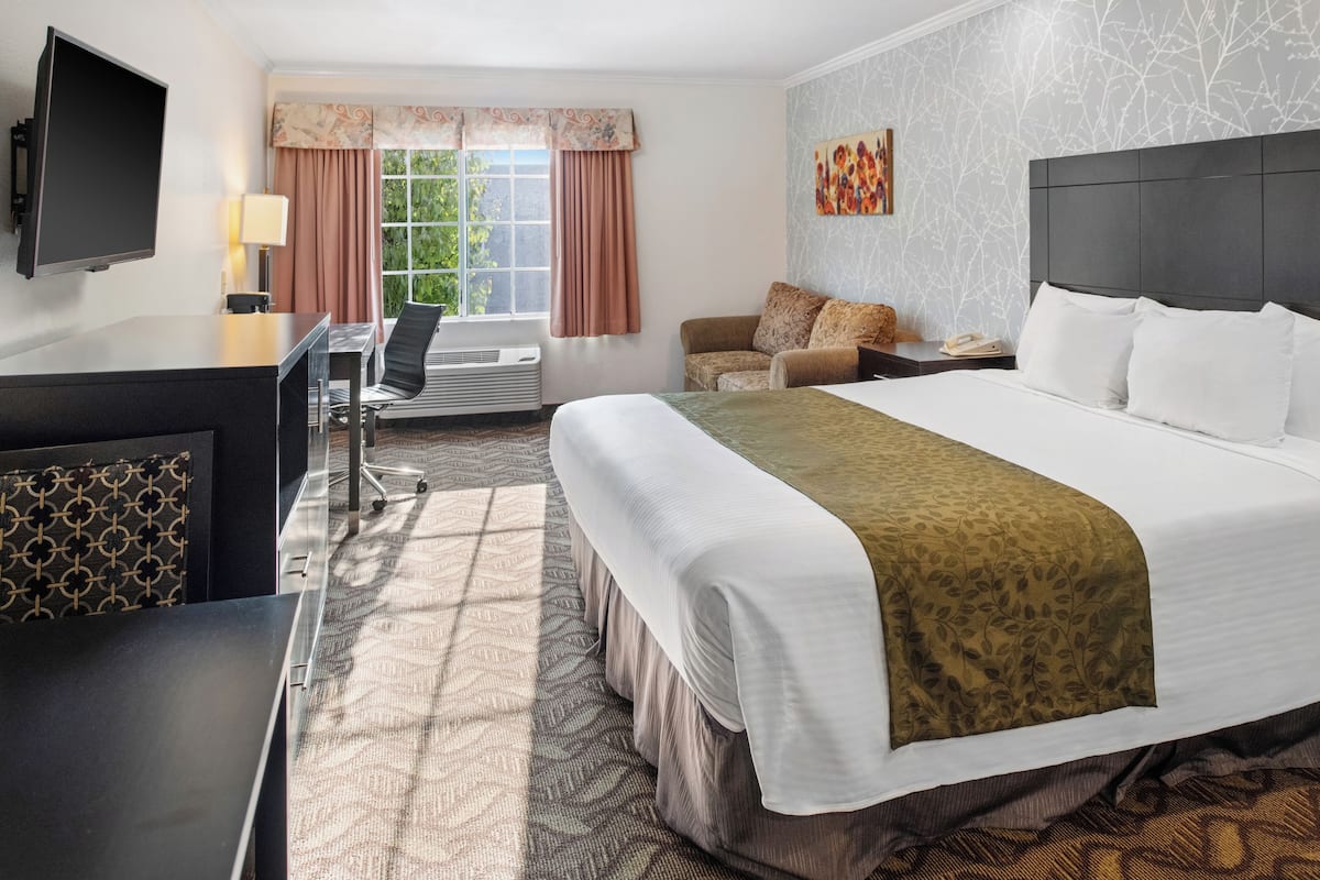 A hotel room with a large bed, a desk with a chair, a television, and a window with curtains.