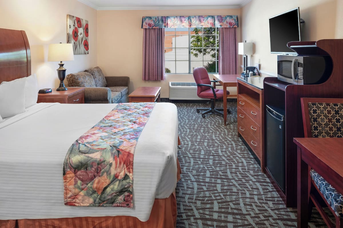 A hotel room with a large bed, a desk, a chair, a microwave, and a television.