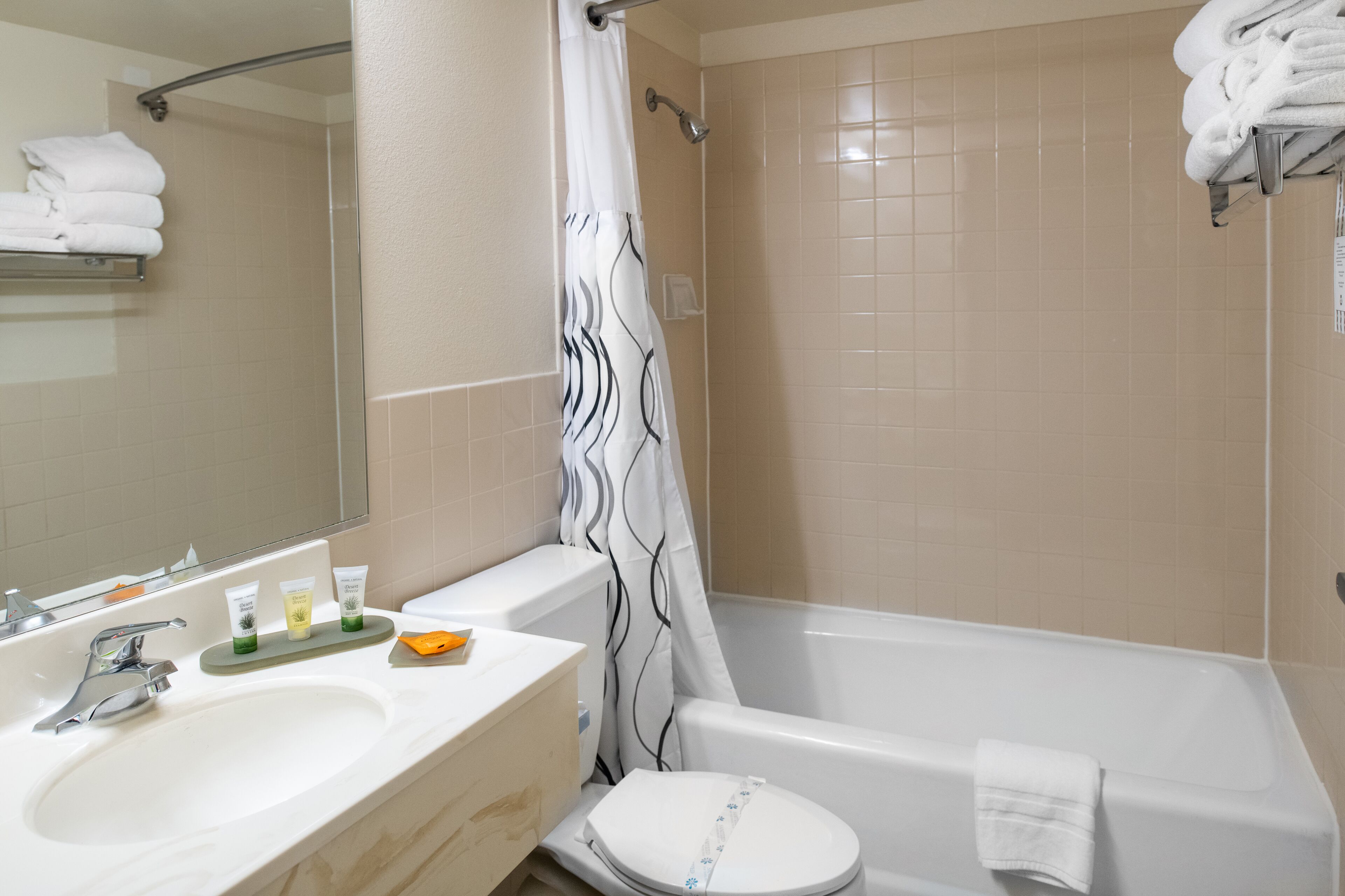 separate bathtub and shower, towels, soap, shampoo