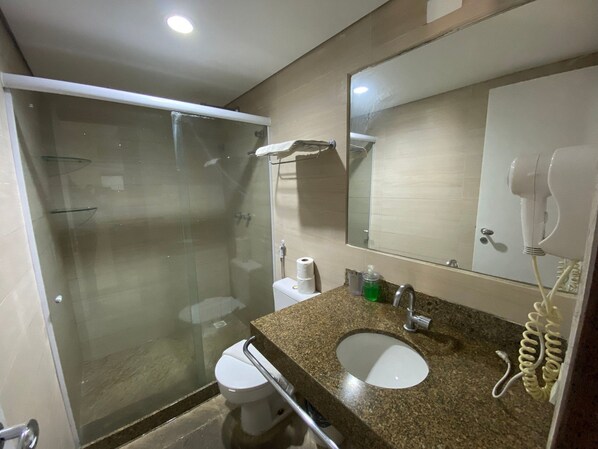 A bathroom with a glass-enclosed shower, a toilet, a sink with a mirror, and a hairdryer.