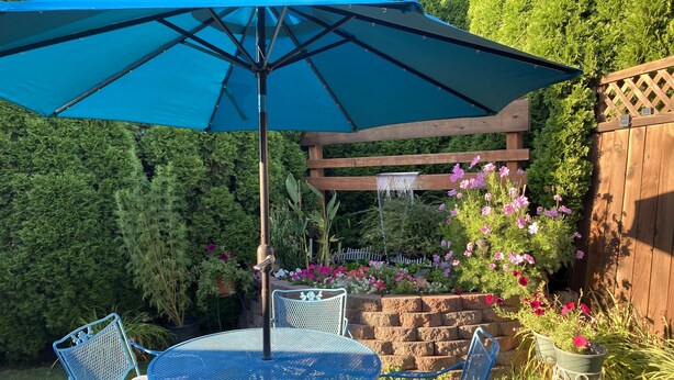 A blue metal table and chairs set under a large blue umbrella, surrounded by a wooden arbor with flowering plants and a wooden fence.
