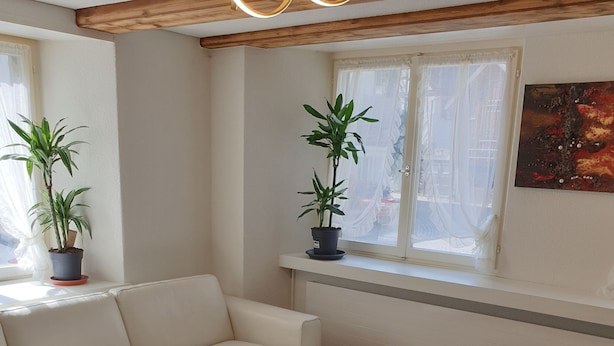 A modern living room with a glass coffee table, white sofa, and potted plants by the window. - "VILLA HI" apartment parking space included  (Weesen)