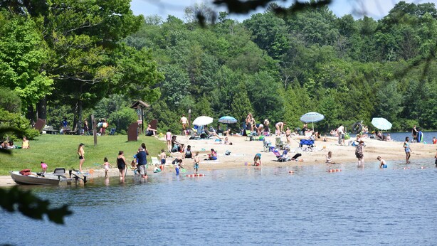 A lakeside beach with people sunbathing and swimming, surrounded by trees. - Studio Suite with 2 beds - Located at the Heart of Promised Land State Park  (Greentown)