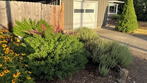 A single-story building with a garage, surrounded by a wooden fence and various shrubs and flowers. - Sweet 3 Bedroom, Walk to Main St! (Independence)