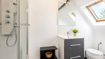 Une salle de bain moderne avec une douche à parois de verre, un meuble-lavabo avec un miroir et une fenêtre de toit.
