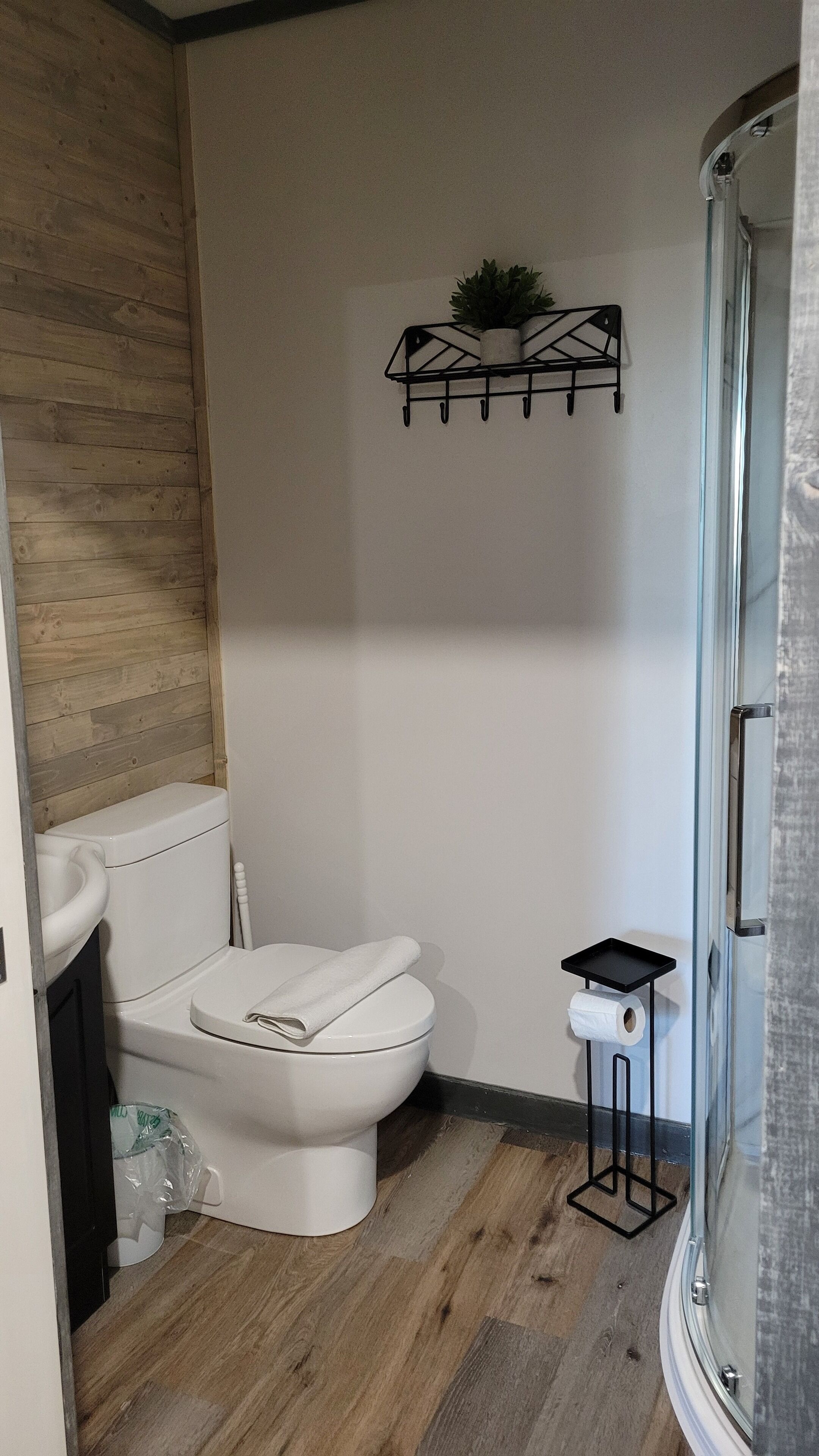 A compact bathroom with a toilet, a small shelf with a plant, and a shower area.