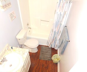 Combined shower/bathtub, hair dryer, towels, soap