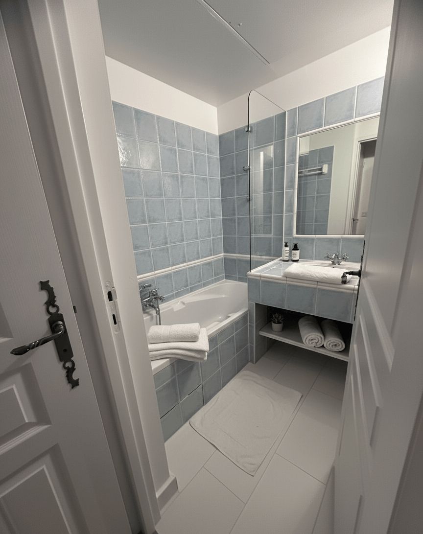 Une salle de bain moderne avec une baignoire, un lavabo et un miroir.