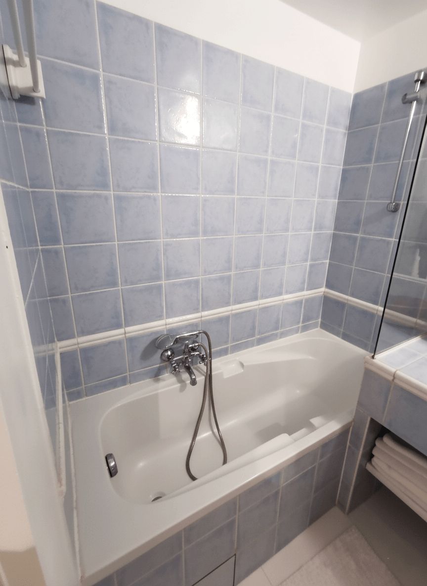Une salle de bain équipée d’une baignoire, d’une douche et d’un espace de douche séparé par des parois en verre.