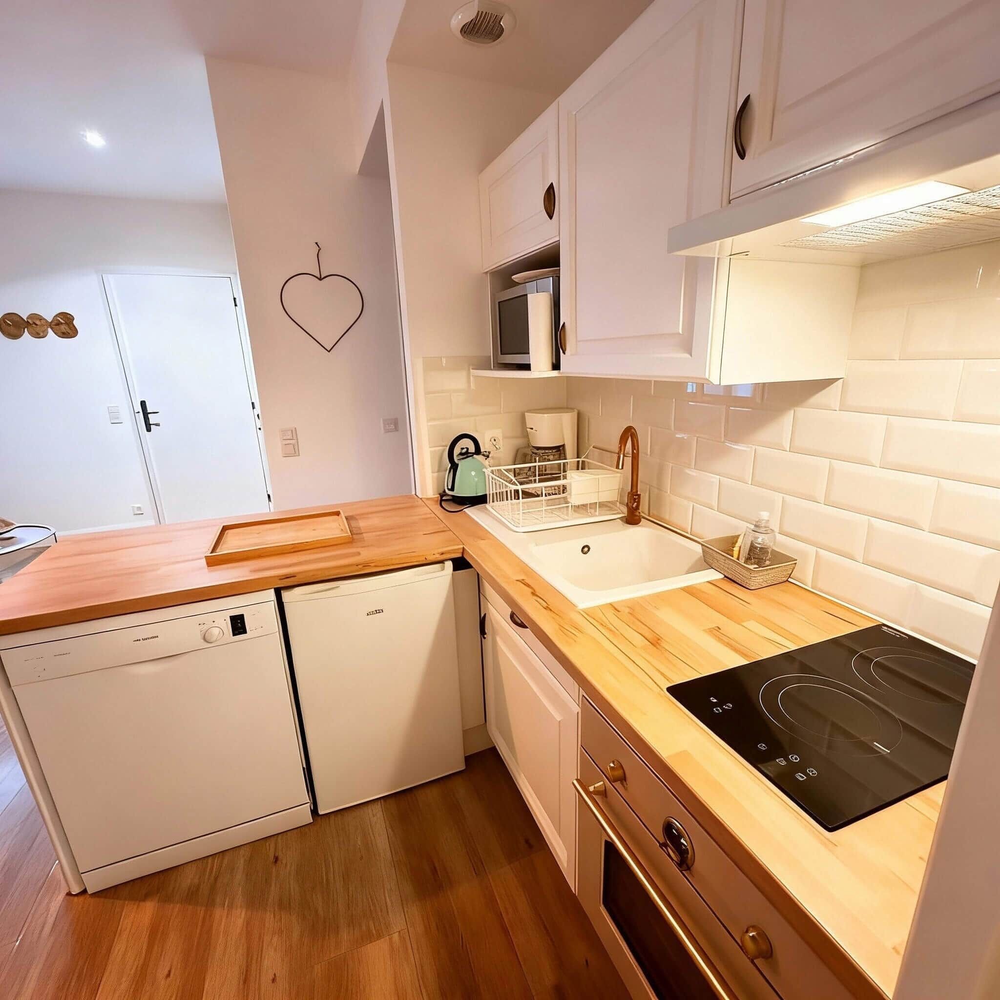 A compact kitchen with a dishwasher, microwave, sink, and a black induction cooktop.