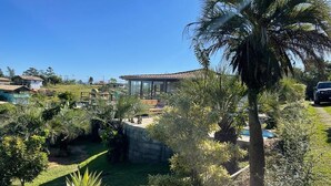 Un quartier résidentiel avec une maison, une piscine et un palmier.
