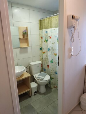 Bañera con ducha, secador de pelo, toallas