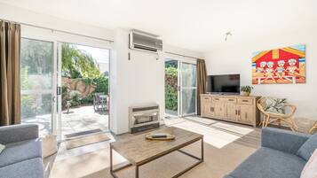 Smart TV, fireplace, DVD player, books
