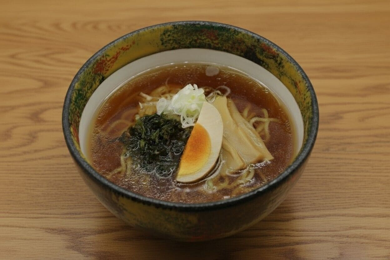 A bowl of ramen soup with noodles, a soft-boiled egg, and seaweed garnish on a wooden table.