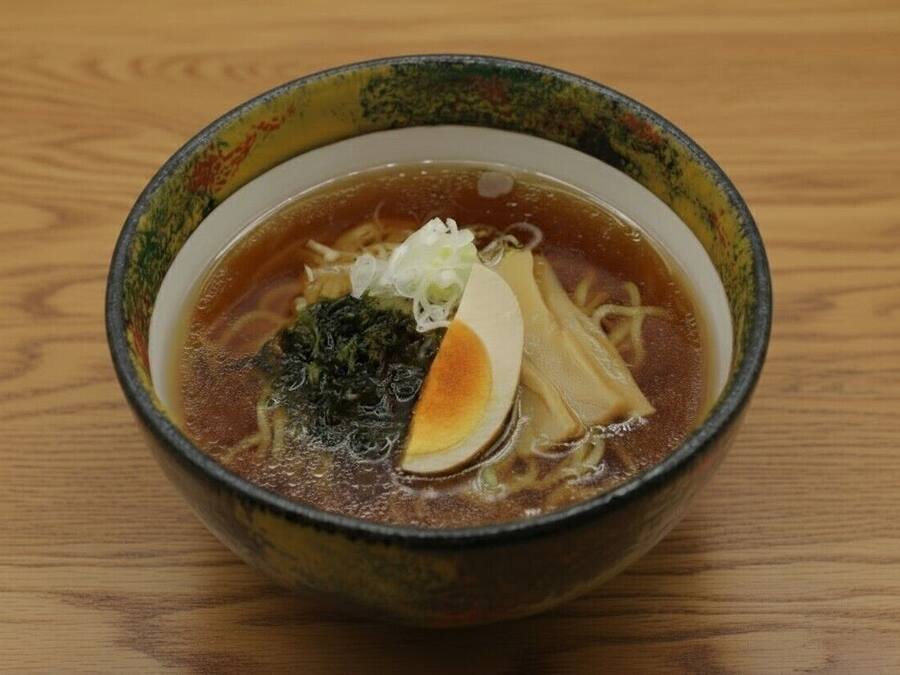 A bowl of ramen soup with noodles, a soft-boiled egg, and seaweed garnish on a wooden table.