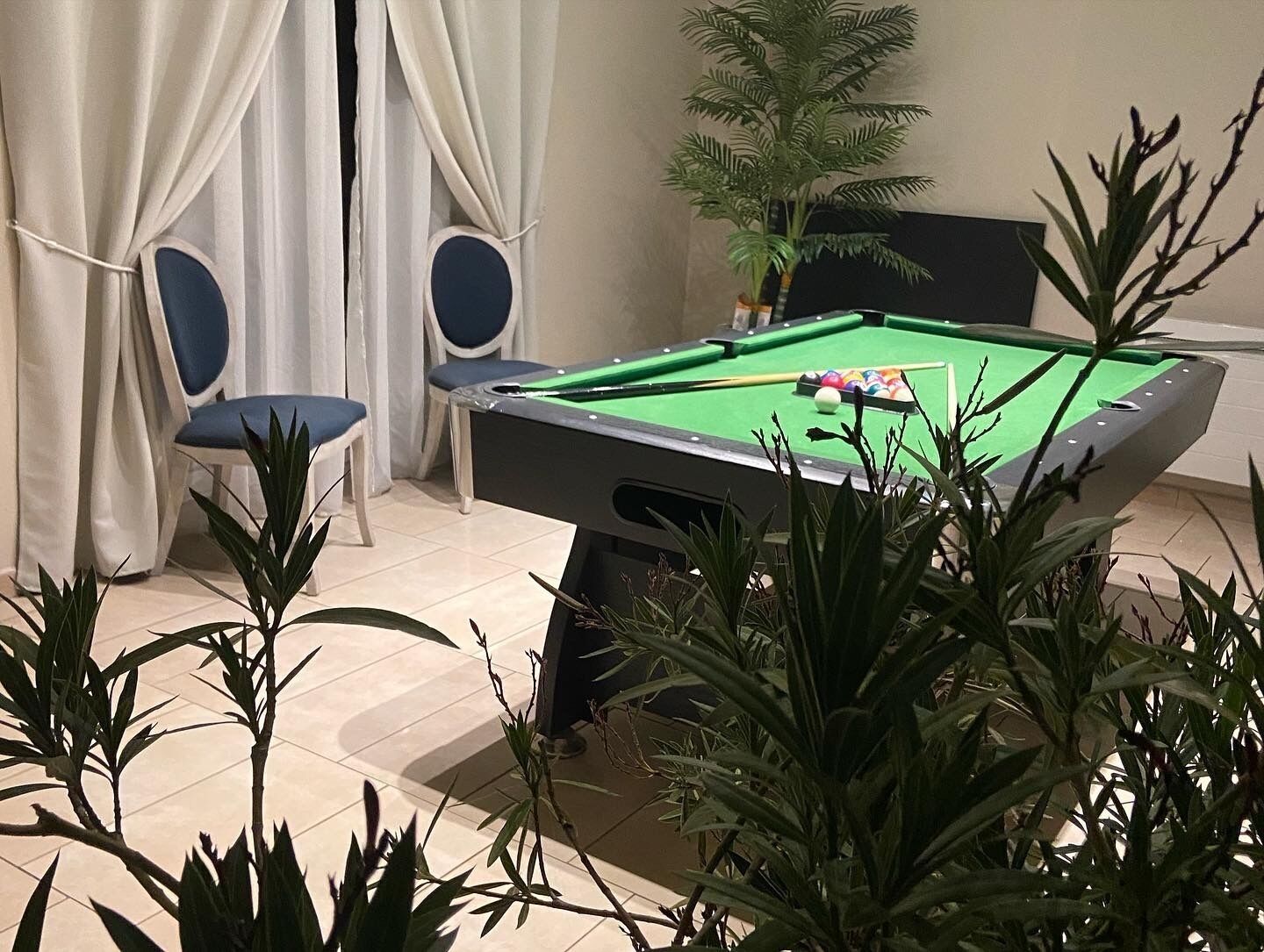 A pool table with chairs, a potted plant, and a bed in a room with curtains.