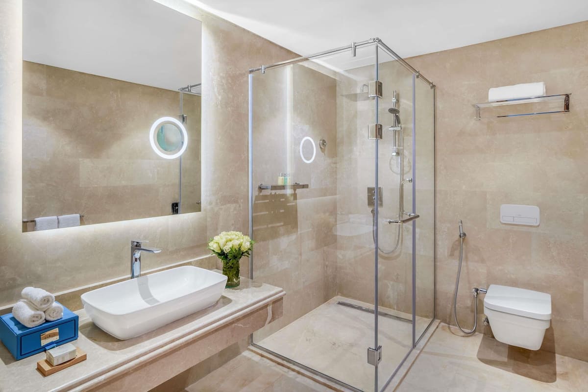 Frigobar (abastecido com itens grátis), cofres nos quartos