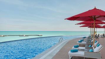 Indoor pool, seasonal outdoor pool, pool loungers, lifeguards on site