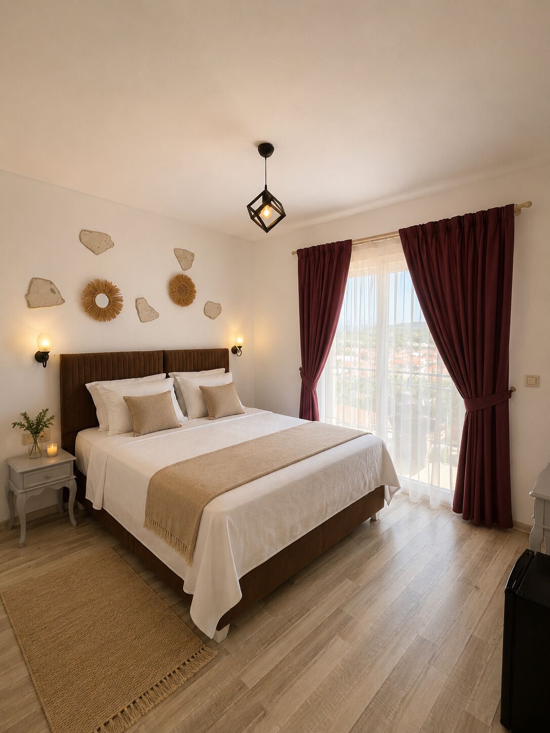 A bedroom with a bed, bedside tables, a lamp, a rug, and a view of the outside.