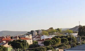 Un barrio residencial con casas, árboles y una colina al fondo.