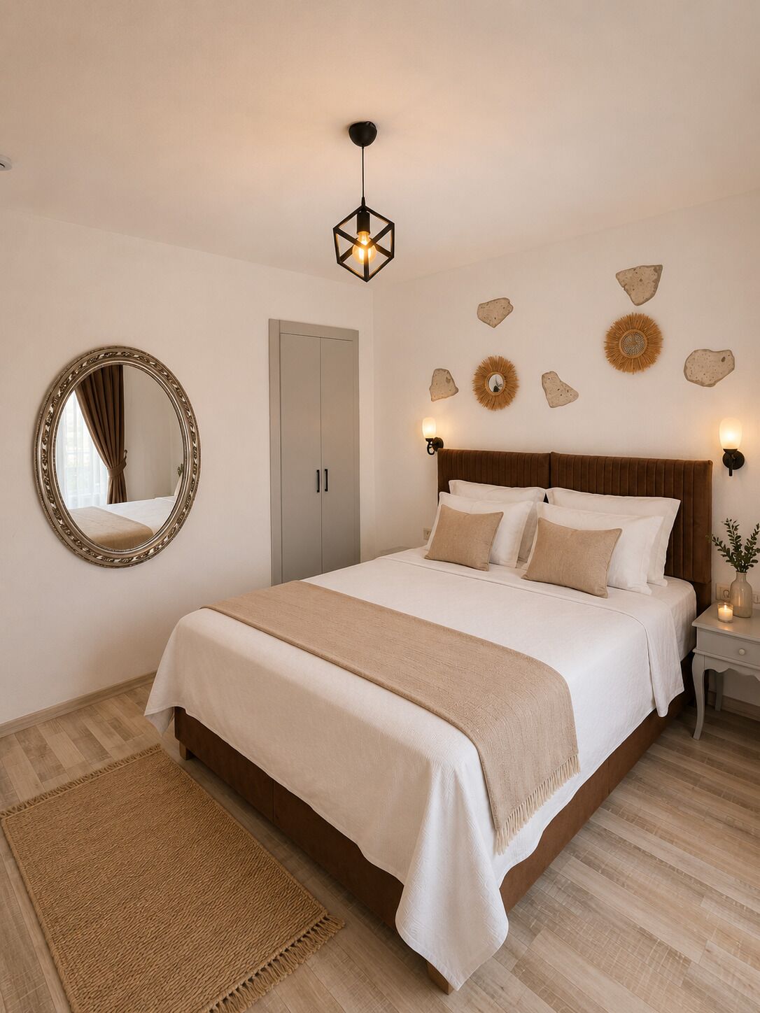 Een slaapkamer met een bed, een spiegel, een kledingkast, een nachtkastje met lamp en decoratie aan de muur.