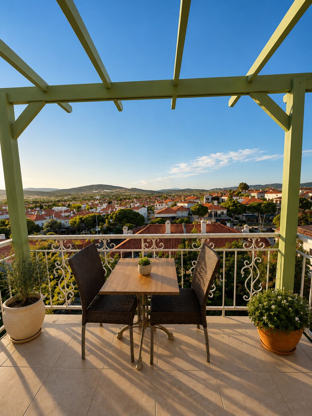 A balcony with a table and chairs, potted plants, and a view of a town.