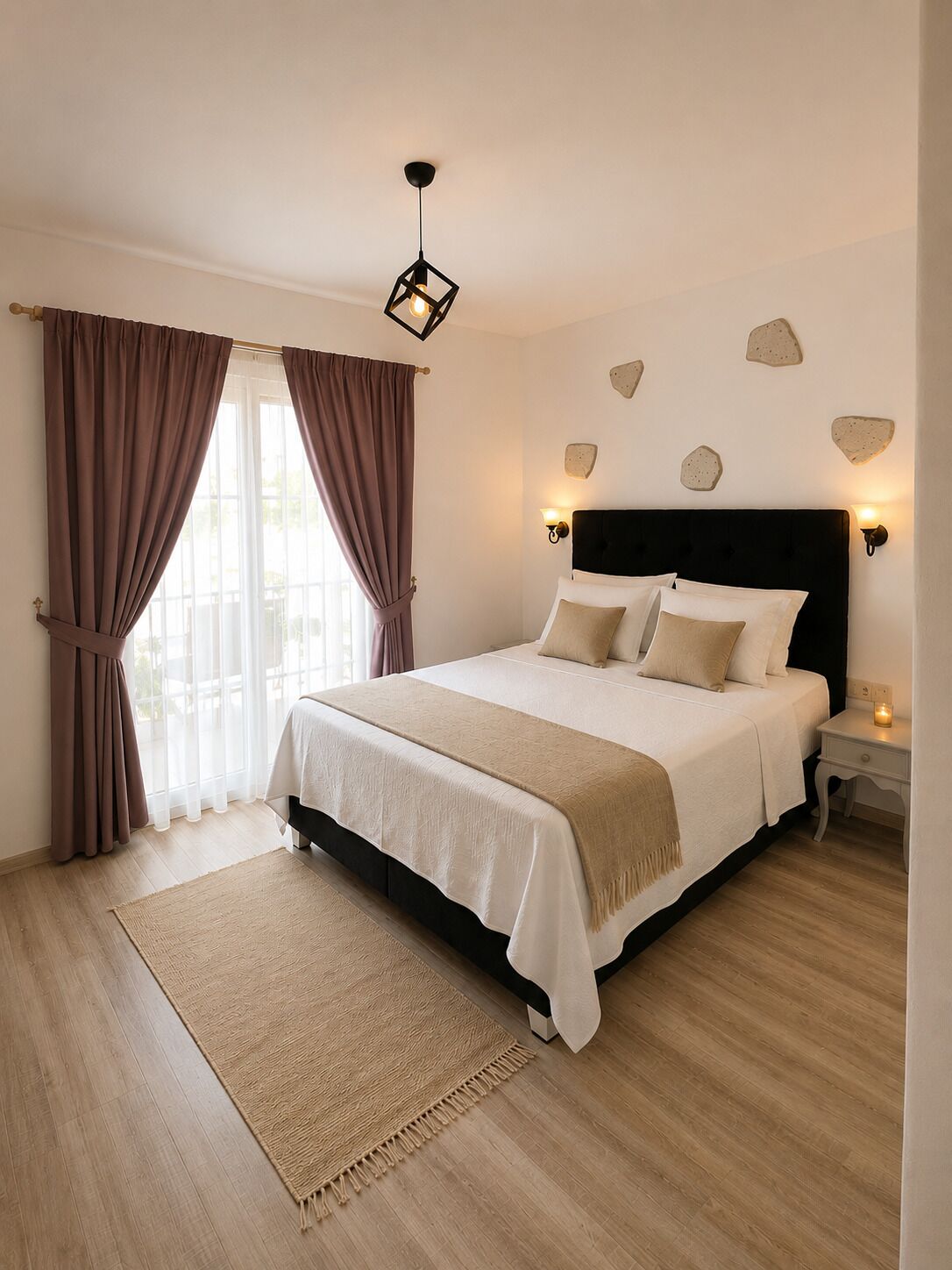 Une chambre à coucher avec un lit, une table de chevet, une lampe fixée au mur et une fenêtre avec des rideaux.
