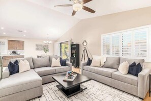 TV, fireplace, books