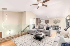 TV, fireplace, books