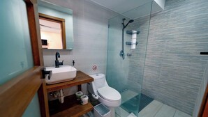 A modern bathroom with a glass-enclosed shower, a white toilet, and a wooden vanity with a sink.
