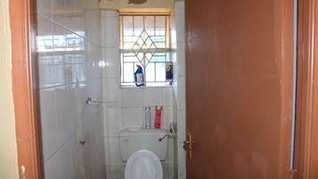 Shower, towels, soap, toilet paper