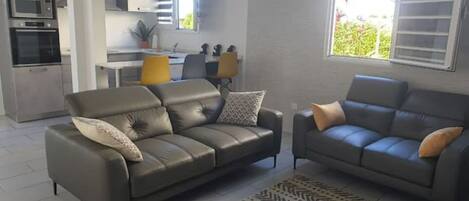 A modern living room with two sofas, a kitchen area, and a dining table.