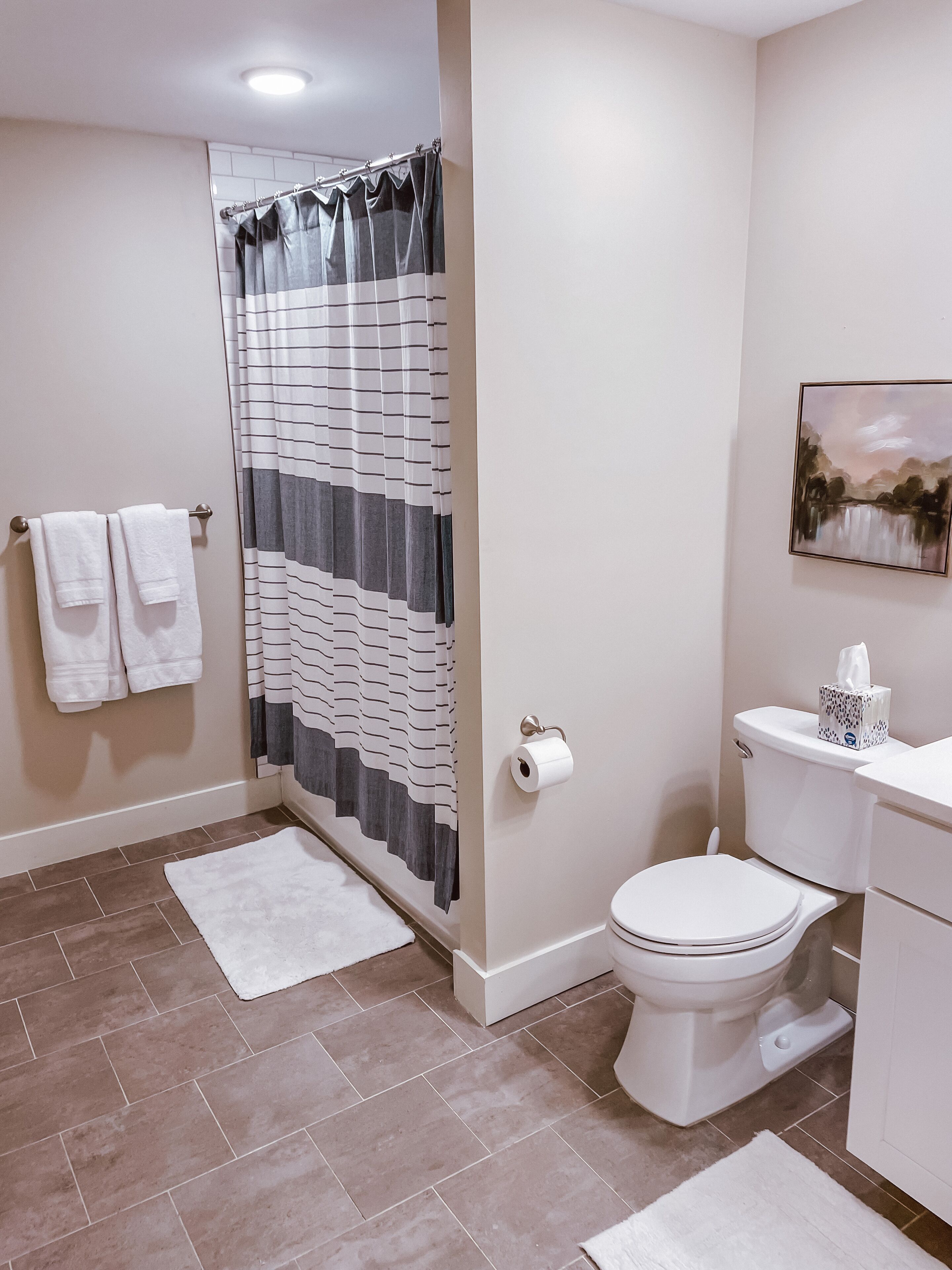 Une salle de bain avec un rideau de douche, des toilettes et des serviettes.
