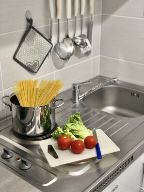 Kühlschrank, Mikrowelle, Herdplatte, Wasserkocher